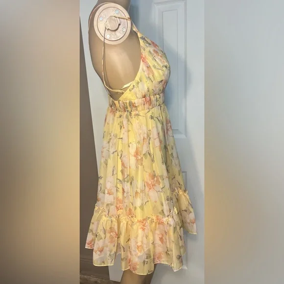 NWT leena for Mac Duggal Yellow Floral Empire Waist Ruffled Mini Size 0 - Picture 5 of 15